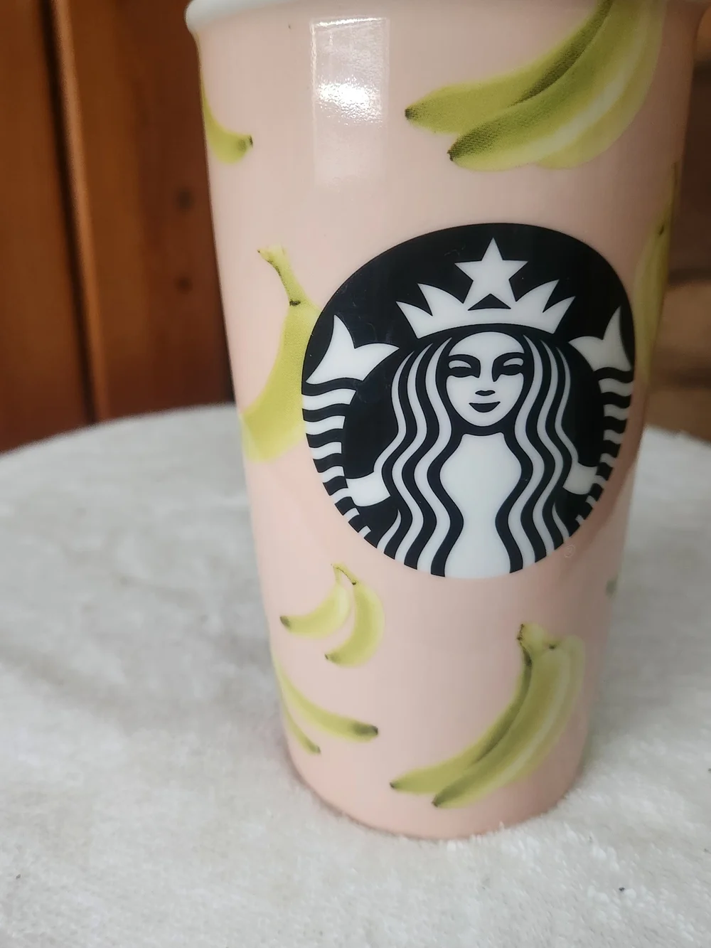 Starbucks 2015 Pink Banana Themed Ceramic Tumbler- 12oz Travel Mug w/ Lid